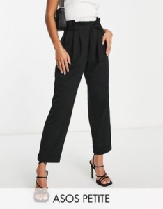 エイソス レディース カジュアルパンツ ボトムス ASOS DESIGN Petite ponte peg pants with paperbag tie waist in black Black