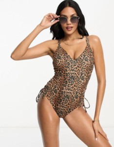 エイソス レディース 上下セット 水着 ASOS DESIGN Fuller Bust plunge rib swimsuit with lace up side detail in leopard animal print