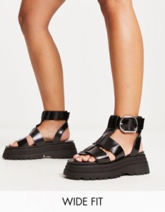 エイソス レディース パンプス シューズ ASOS DESIGN Wide Fit Factor buckle hardware fisherman flat sandals in black - BLACK Black