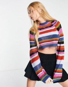 エイソス レディース カーディガン アウター ASOS DESIGN crop sweater with mix stitch in multi stripe Multi