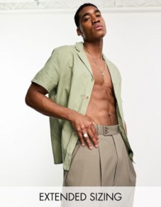 エイソス メンズ シャツ トップス ASOS DESIGN relaxed deep revere linen mix shirt in khaki Khaki