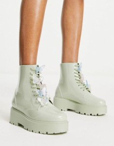 エイソス レディース ブーツ・レインブーツ シューズ ASOS DESIGN Guava butterfly lace-up rubber boots in mint green Mint green