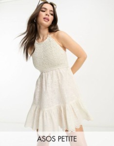 エイソス レディース ワンピース トップス ASOS DESIGN Petite crochet halter mini dress with broderie in cream CREAM