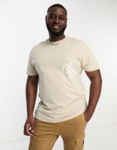 カルバンクライン メンズ Tシャツ トップス Calvin Klein Jeans Big & Tall off placed monogram logo t-shirt in beige Classic Beige