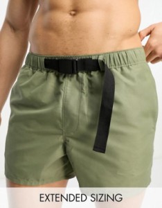 エイソス メンズ ハーフパンツ・ショーツ 水着 ASOS DESIGN swim shorts in short length with belt in green Khaki
