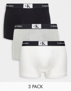 カルバンクライン メンズ トランクス アンダーウェア Calvin Klein CK 96 3 pack cotton trunks in multi Black/White/Gray