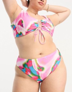 エイソス レディース ボトムスのみ 水着 ASOS DESIGN Curve high leg high waist bikini bottoms in pink abstract smudge print ABSTRAC
