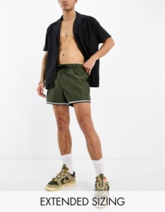 エイソス メンズ ハーフパンツ・ショーツ 水着 ASOS DESIGN swim shorts in short length with cargo pocket and contrast binding in kh