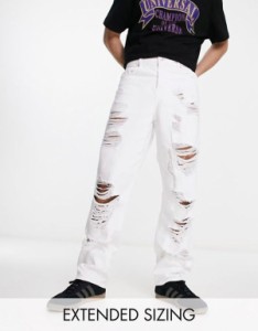 エイソス メンズ デニムパンツ ボトムス ASOS DESIGN baggy jeans with heavy rips in white WHITE