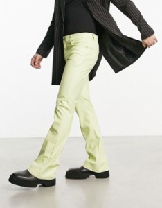 エイソス メンズ デニムパンツ ボトムス ASOS DESIGN flare jeans in light green leather look Green