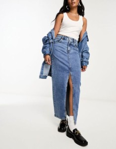 エイソス レディース スカート ボトムス ASOS DESIGN denim maxi skirt with slit hem in midwash Mid wash blue