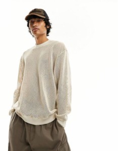 エイソス メンズ パーカー・スウェット アウター ASOS DESIGN oversized sweatshirt in washed open net in ecru ECRU