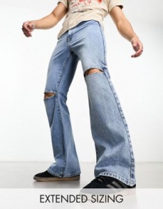 エイソス メンズ デニムパンツ ボトムス ASOS DESIGN flare jeans with open knees in mid wash blue Other