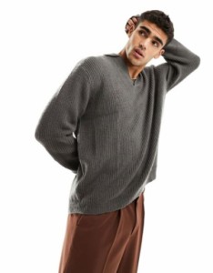 エイソス メンズ ポロシャツ トップス ASOS DESIGN knitted oversized fisherman rib notch neck sweater in charcoal CHARCOAL