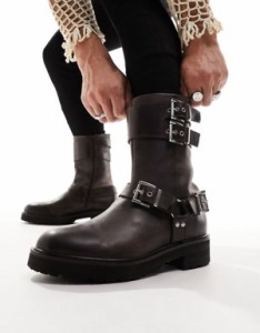 エイソス メンズ ブーツ・レインブーツ シューズ ASOS DESIGN chunky boot with buckles in brown BROWN
