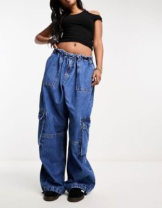 エイソス レディース デニムパンツ ボトムス ASOS DESIGN parachute pant in mid blue Mid blue