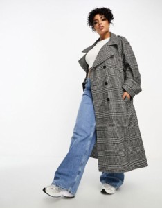 エイソス レディース コート アウター ASOS DESIGN Curve heritage plaid trench coat in mono Black