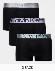 カルバンクライン メンズ トランクス アンダーウェア Calvin Klein steel 3-pack trunks with contrast logo waistband in black Black