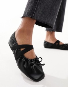 エイソス レディース パンプス シューズ ASOS DESIGN Los Angeles ruched ballet flats with elastic strap in matte black Black