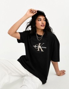 カルバンクライン レディース Tシャツ トップス Calvin Klein Jeans premium monologo T-shirt in black Ck black