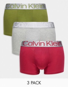 カルバンクライン メンズ トランクス アンダーウェア Calvin Klein steel 3-pack trunks in green gray and pink Multi