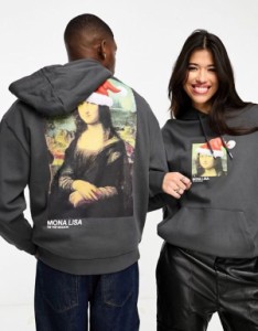 エイソス メンズ パーカー・スウェット アウター ASOS DESIGN unisex oversized Christmas hoodie in charcoal with Santa hat Mona Lisa