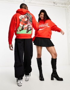 エイソス メンズ パーカー・スウェット アウター ASOS DESIGN unisex license oversized hoodie in red with Coca Cola Santa Christmas