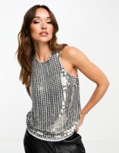 エイソス レディース ベスト トップス ASOS DESIGN embellished racer tank top in gunmetal sequin Silver