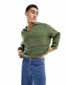 エイソス メンズ ポロシャツ トップス ASOS DESIGN knit notch neck sweater in green twist GREEN