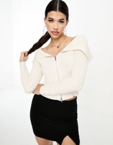 エイソス レディース カーディガン アウター ASOS DESIGN off-shoulder zip through cardigan in rib in cream Cream