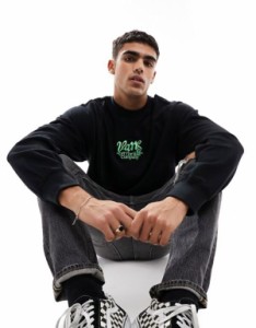 バンズ メンズ パーカー・スウェット アウター Vans sweatshirt with print in black with green detailing Black