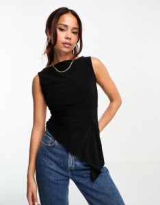 エイソス レディース タンクトップ トップス ASOS DESIGN slash neck tank top with ruffle flare detail in black Black