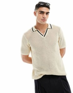 エイソス メンズ ポロシャツ トップス ASOS DESIGN lightweight knitted pointelle revere polo in stone with contrast notch BEIGE