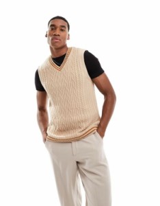 エイソス メンズ ベスト トップス ASOS DESIGN knitted v neck tank in cable knit in cream with tan tipping CREAM