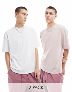 エイソス メンズ Tシャツ トップス ASOS DESIGN 2 pack oversized fit T-shirt in washed pink and gray Multi