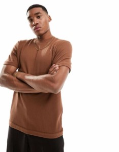 エイソス メンズ Tシャツ トップス ASOS DESIGN waffle crew neck t-shirt in brown CACAO NIBS