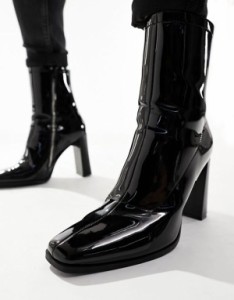 エイソス メンズ ブーツ・レインブーツ シューズ ASOS DESIGN high heeled patent chelsea boot Black