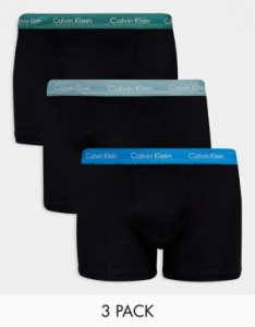 カルバンクライン メンズ トランクス アンダーウェア Calvin Klein Plus cotton stretch trunks 3 pack in black with colored waistband