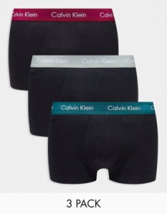 カルバンクライン メンズ トランクス アンダーウェア Calvin Klein low rise cotton stretch trunks 3 pack in black with colored waist