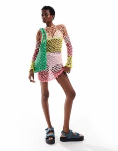 エイソス レディース ワンピース トップス ASOS DESIGN knitted crochet beaded mini dress in stripe Multi