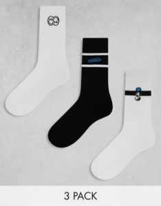 エイソス メンズ 靴下 アンダーウェア ASOS DESIGN 3-pack socks with smile embroidery in white WHITE