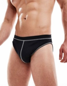 エイソス メンズ ハーフパンツ・ショーツ 水着 ASOS DESIGN stretch briefs in black with white stitch detail Black