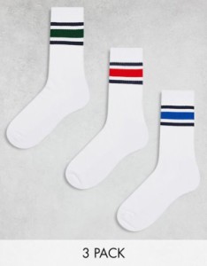 エイソス メンズ 靴下 アンダーウェア ASOS DESIGN 3 pack sock with multi color stripe in white WHITE
