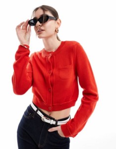 エイソス レディース カーディガン アウター ASOS DESIGN crew neck cropped cardigan with pocket in cotton blend in red Red