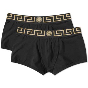 ヴェルサーチ メンズ ボクサーパンツ アンダーウェア Versace Greek Logo Waistband Boxer Trunk - 2 Pack Black & Gold