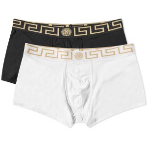 ヴェルサーチ メンズ ボクサーパンツ アンダーウェア Versace Greek Logo Waistband Boxer - 2 Pack Black, Gold & White