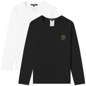 ヴェルサーチ メンズ Tシャツ トップス Versace Long Sleeve Medusa Head Cotton Stretch Tee - 2 Pack Black & White