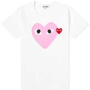 コム・デ・ギャルソン レディース Tシャツ トップス Comme des Garcons Play Women's Double Heart Logo T-Shirt White & Pink