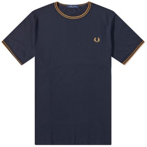 フレッドペリー メンズ Tシャツ トップス Fred Perry Twin Tipped T-Shirt Navy & Dark Caramel