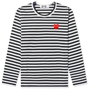 コム・デ・ギャルソン レディース Tシャツ トップス Comme des Garcons Play Women's Long Sleeve Heart Logo Stripe Black & White